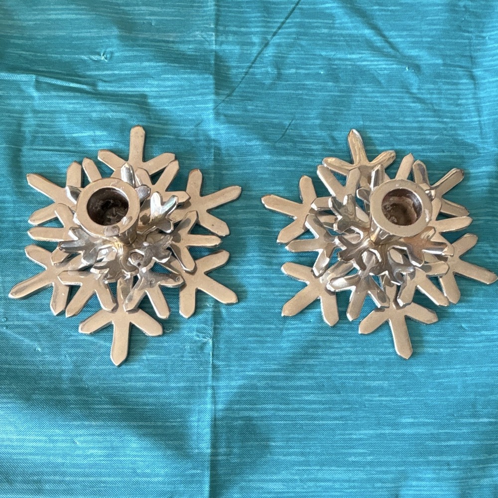 Crate & Barrel Shiny Swirl Snowflake Silver Metal Taper Candleholder Set